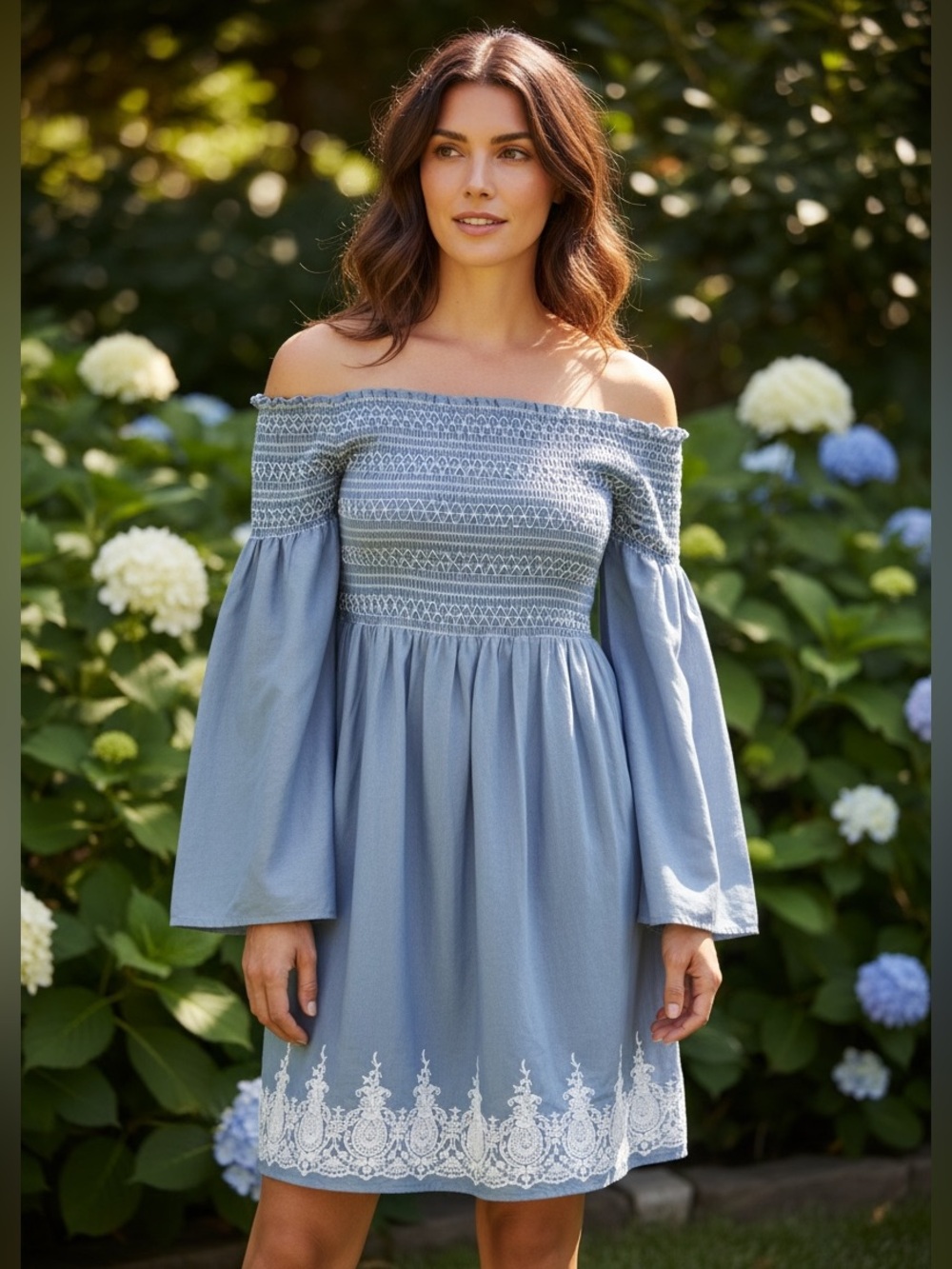 Blue Boho Off-Shoulder Smocked Dress with Embroidery Hem Peasant Style Size XL